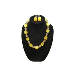 Vintage Yellow Moonglow Cube Necklace & Earring Set – 22" Retro Jewelry